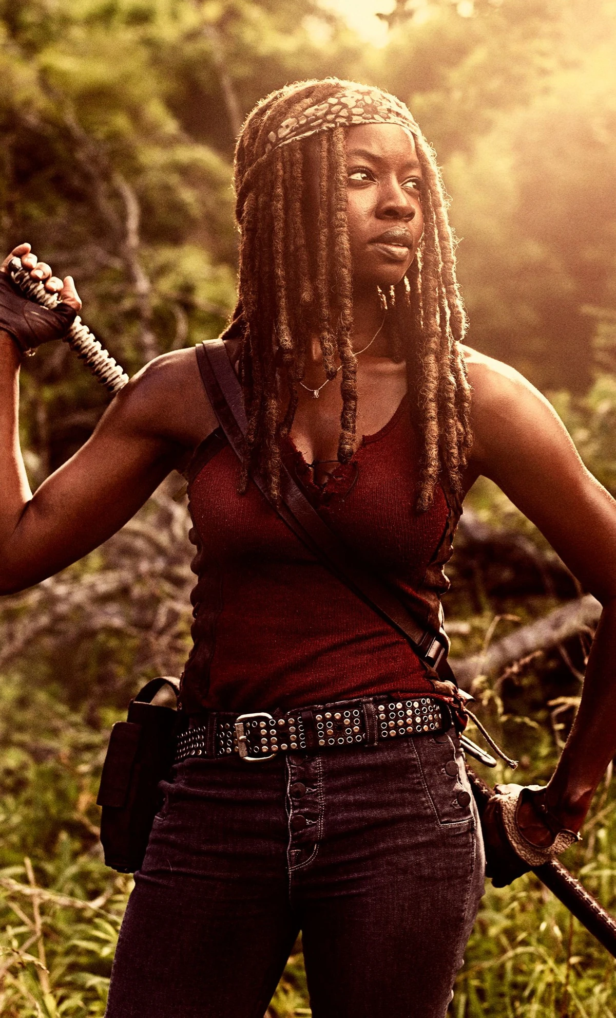 Imagen interactiva de Michonne Hawthorne con sus respectivos datos como edad, arma y breve biografía